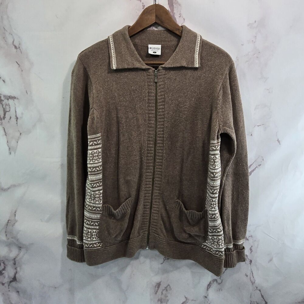 Columbia Cardigan Womens Large Brown Zip Pocket Cotton Sweater Angora Vintage